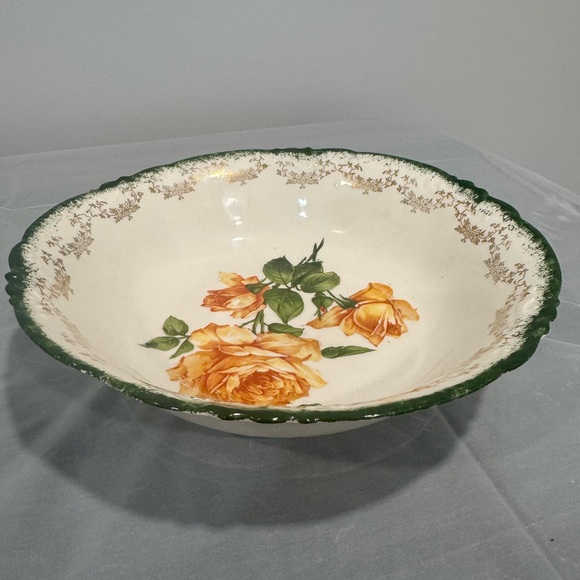 Vintage Germany Porcelain Bowl | Hand Painted Roses Green Gold Rim - Picture 3 of 5
